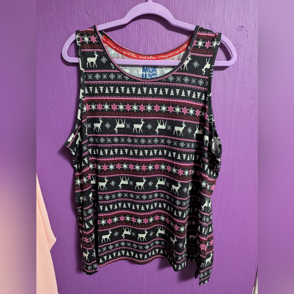 MUK LUKS Black Pink White Dancing Deer Fair Isle Plush Tank Top 1X 16 18 - Picture 3 of 5